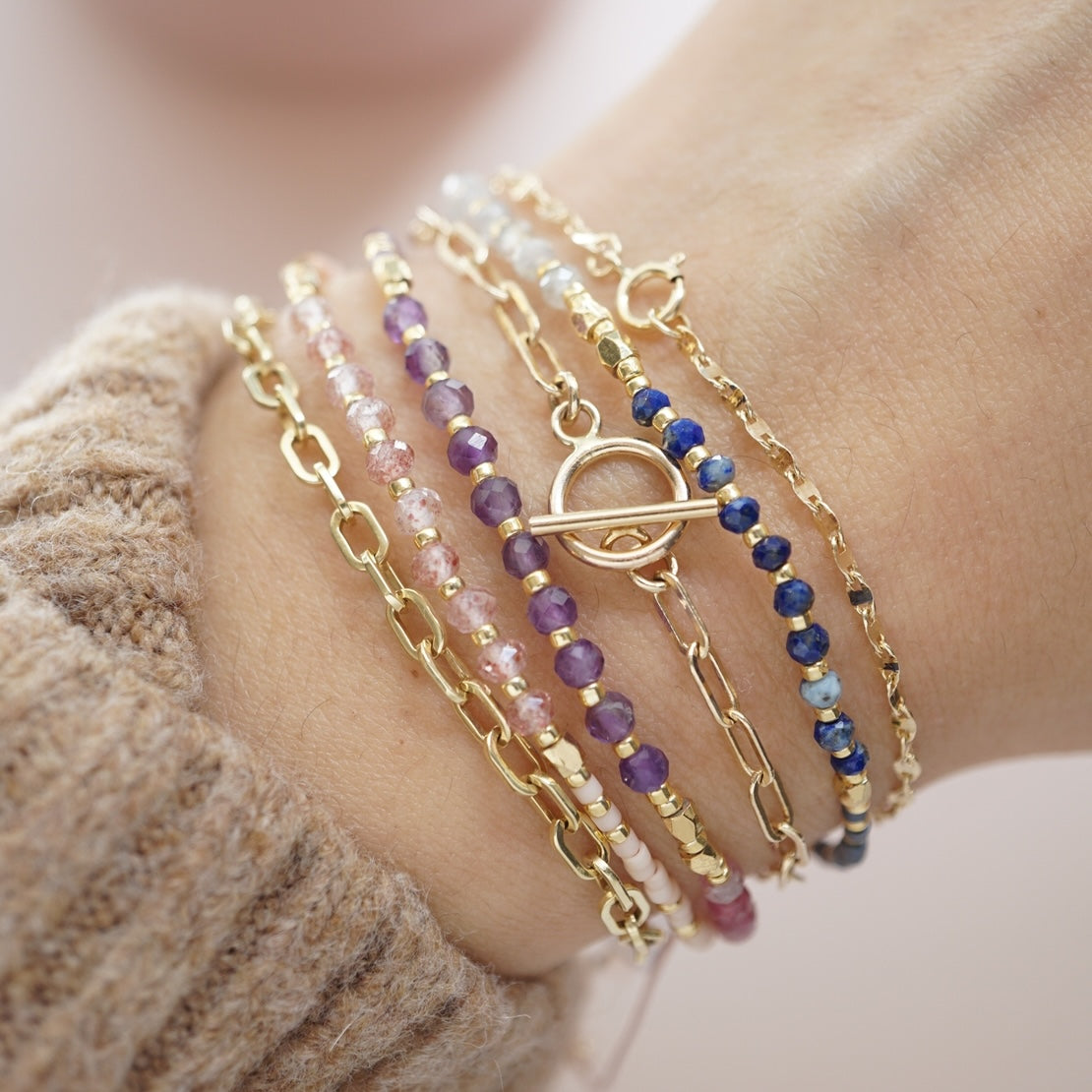 Gemstone Stacking Bracelets worn by a model