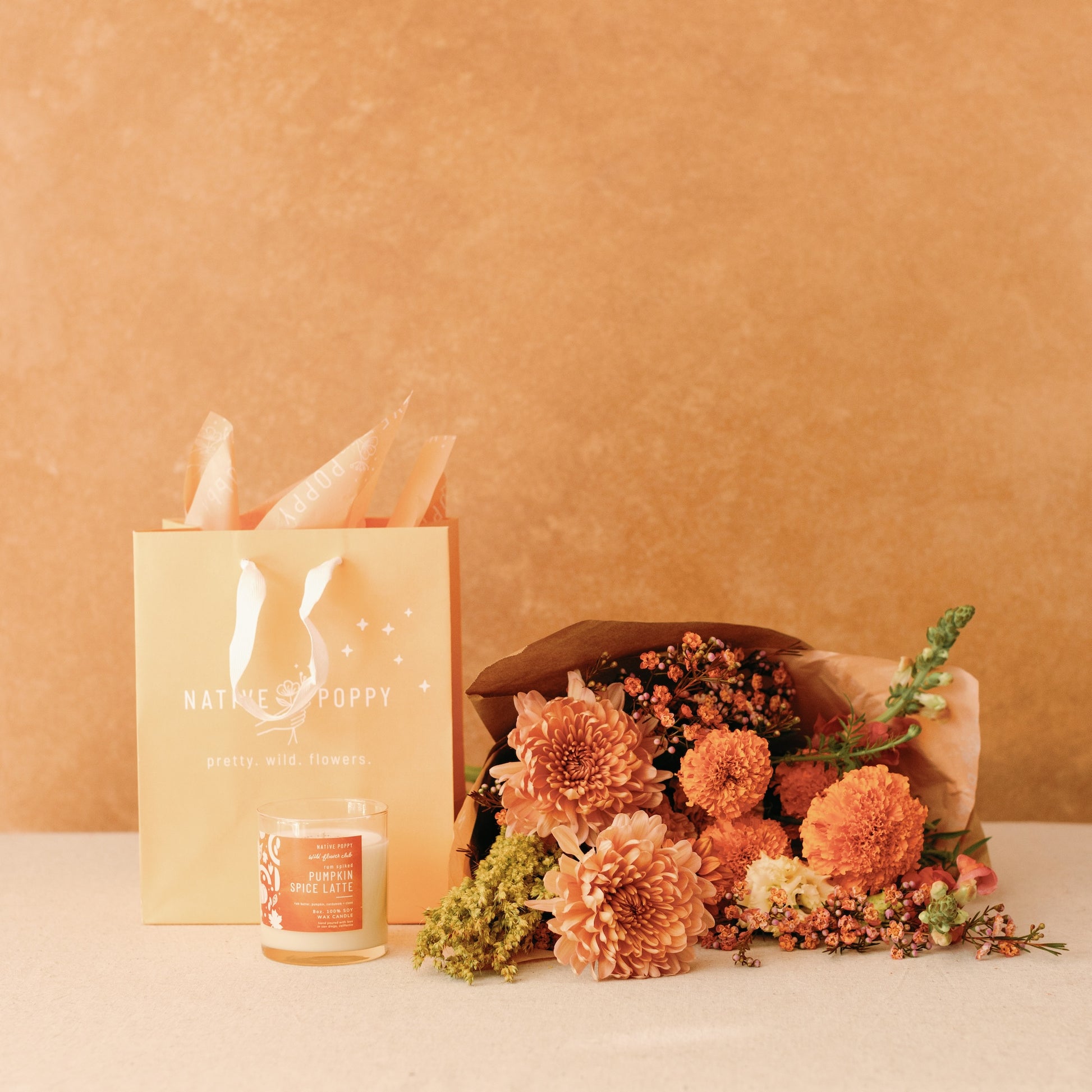 Gratitude Gift + Flower Bundle with a pumpkin spice candle