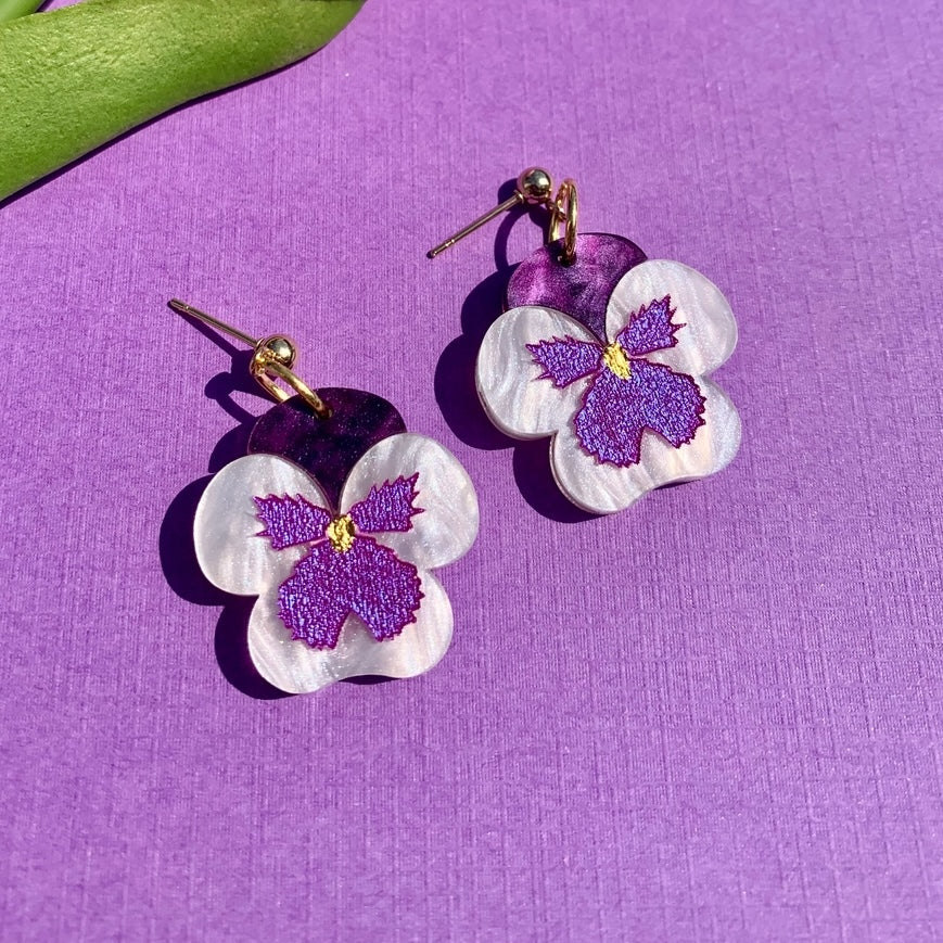 pansy earrings made from acrylic