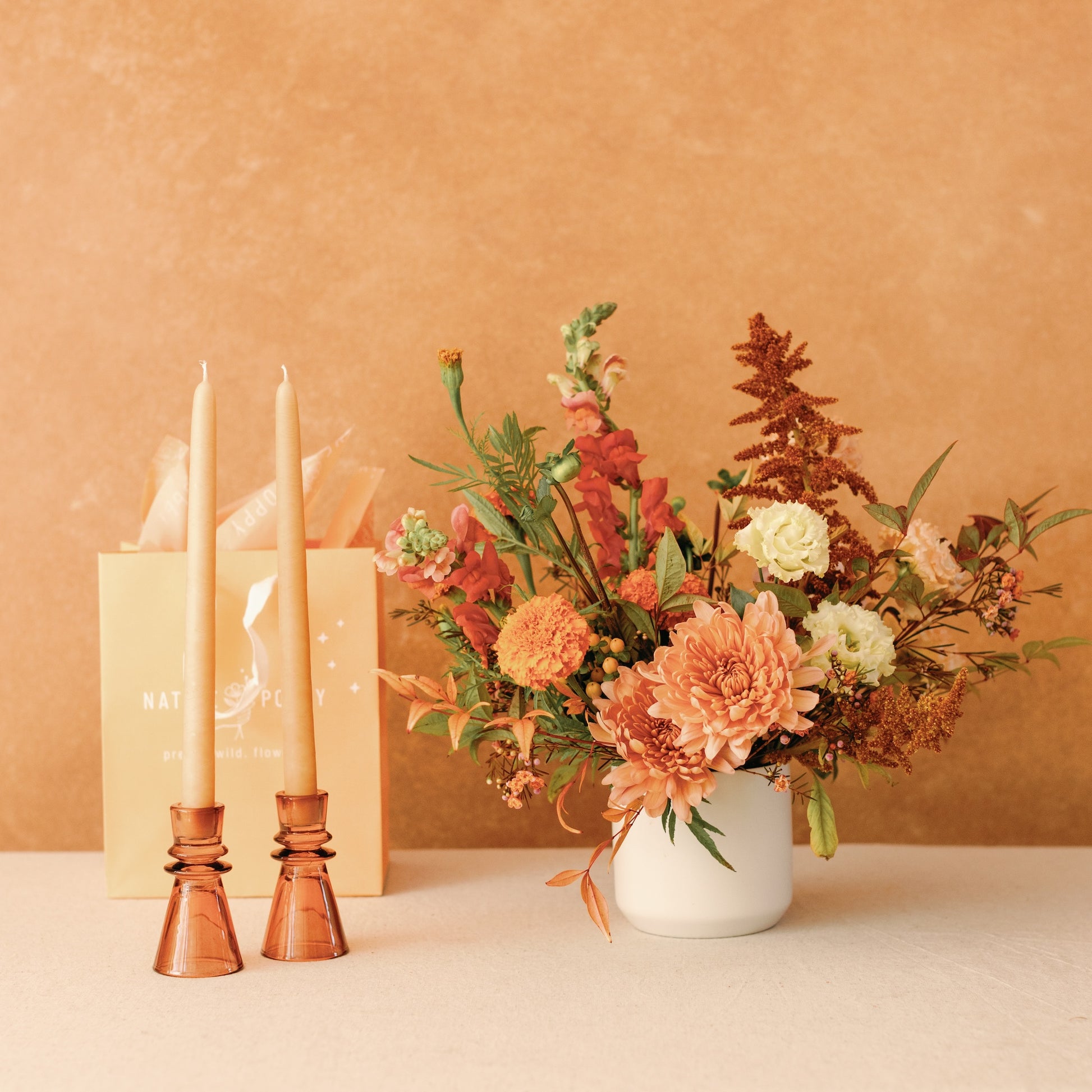 Hostess Gift + Flower Bundle - flower arrangement paired with taper candles in fall hues