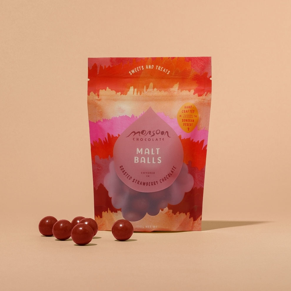 Malt Balls Covered in Roasted Strawberry Chocolate from Monsoon Chocolate