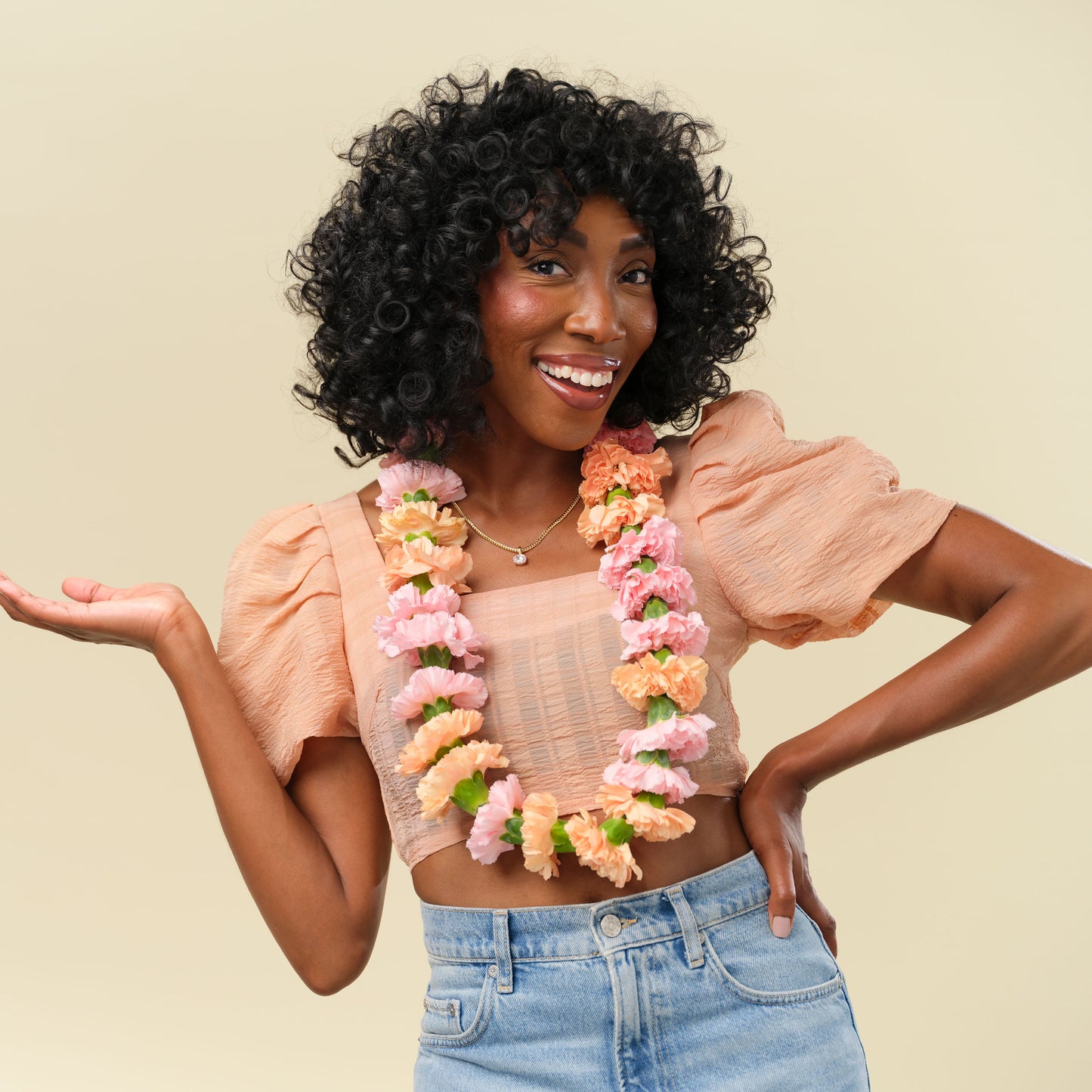 wearing a bright and cheery flower necklace from Native Poppy