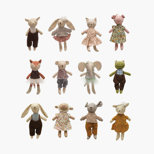 12 Linen Mini Animal Stuffies wearing clothes