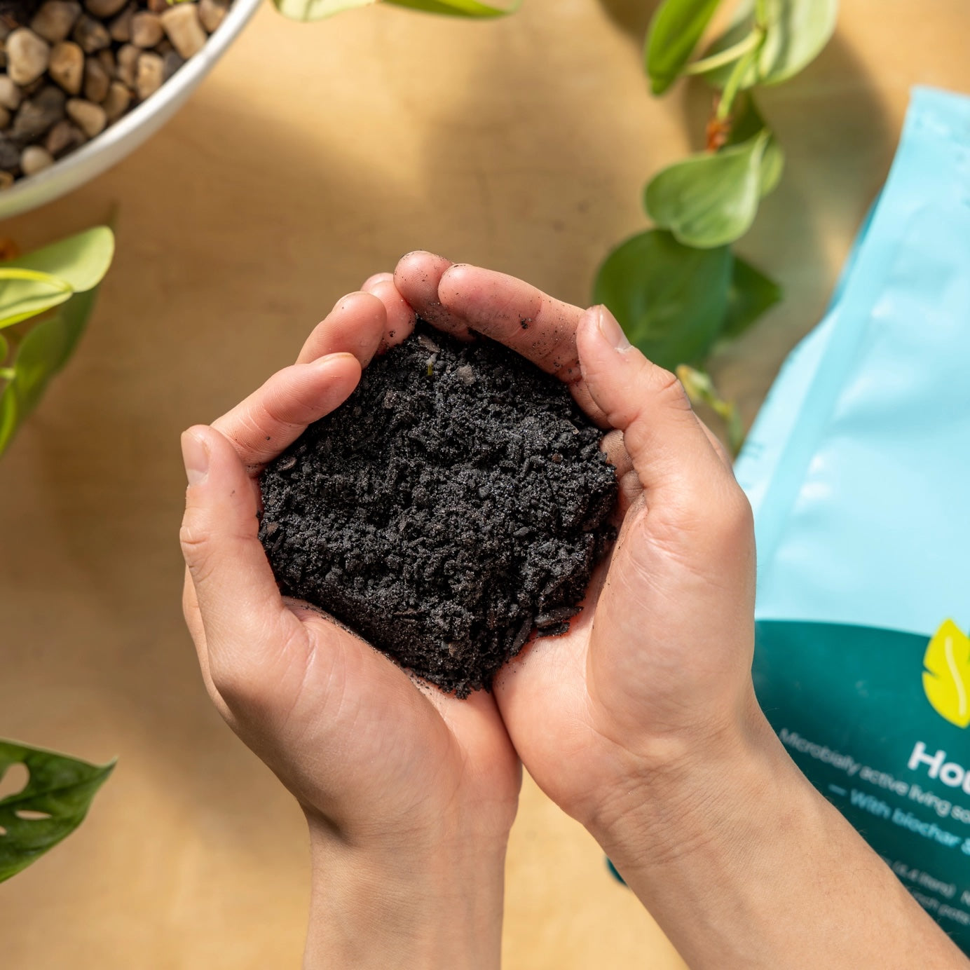 holding a handful of rosy soil