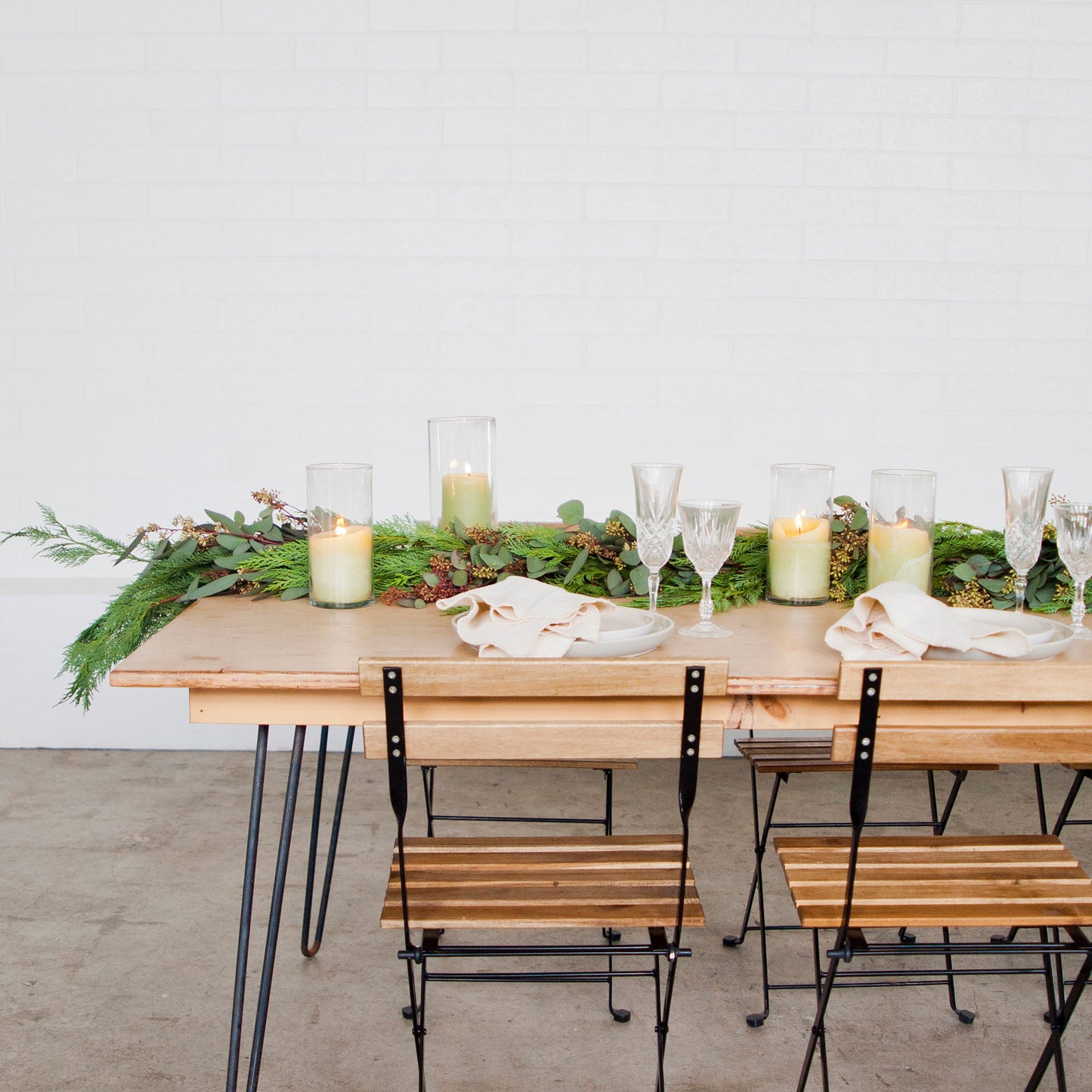 holiday garland on a wooden table