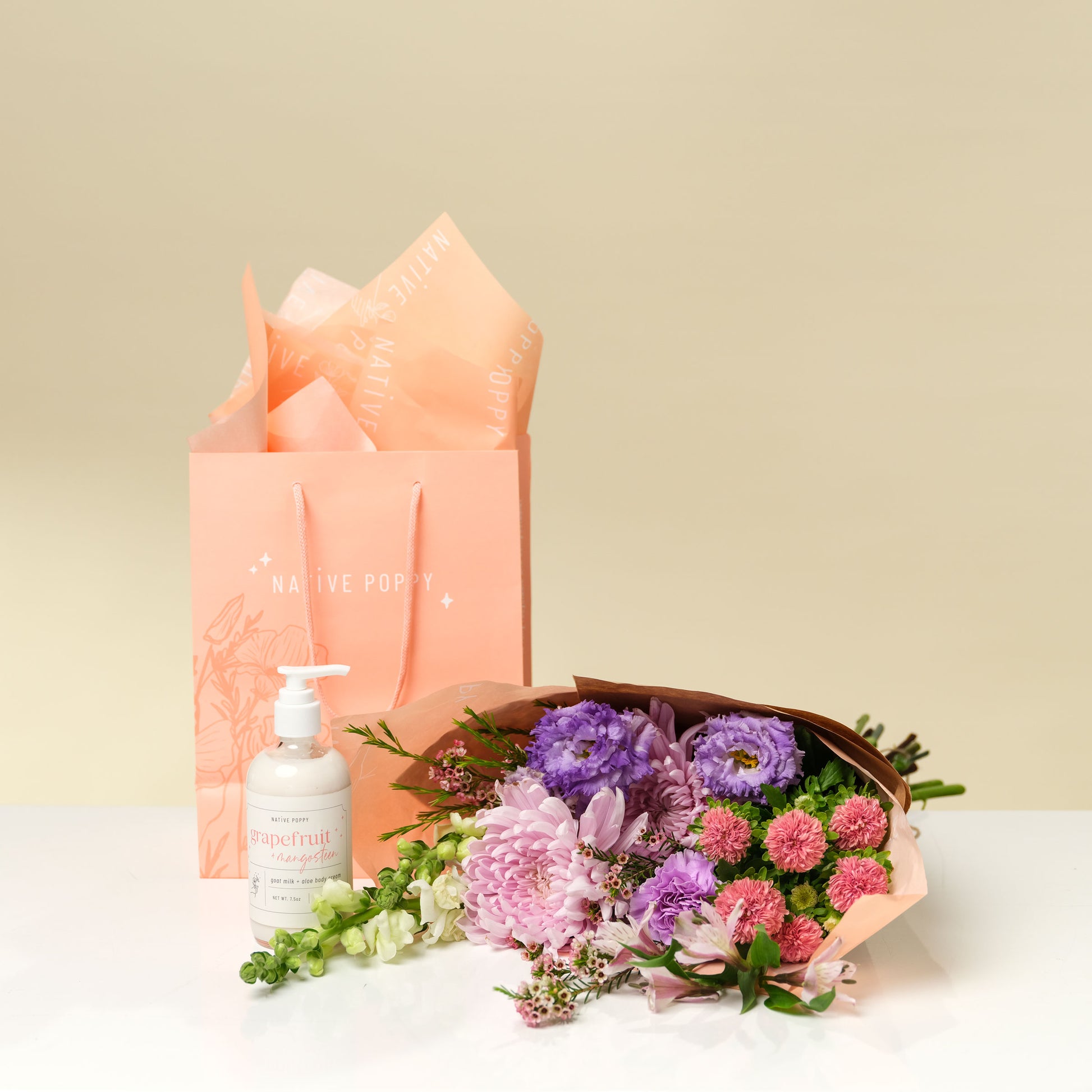 Body cream and flower wrap from Native Poppy