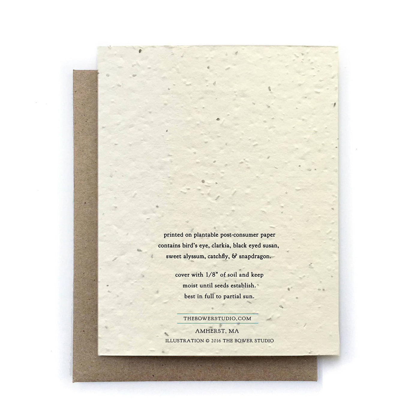 Back of plantable greeting card from Bower Studio