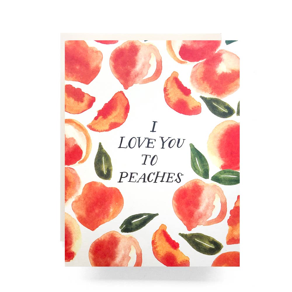 "I love you to peaches" greeting card with watercolor peach illustrations