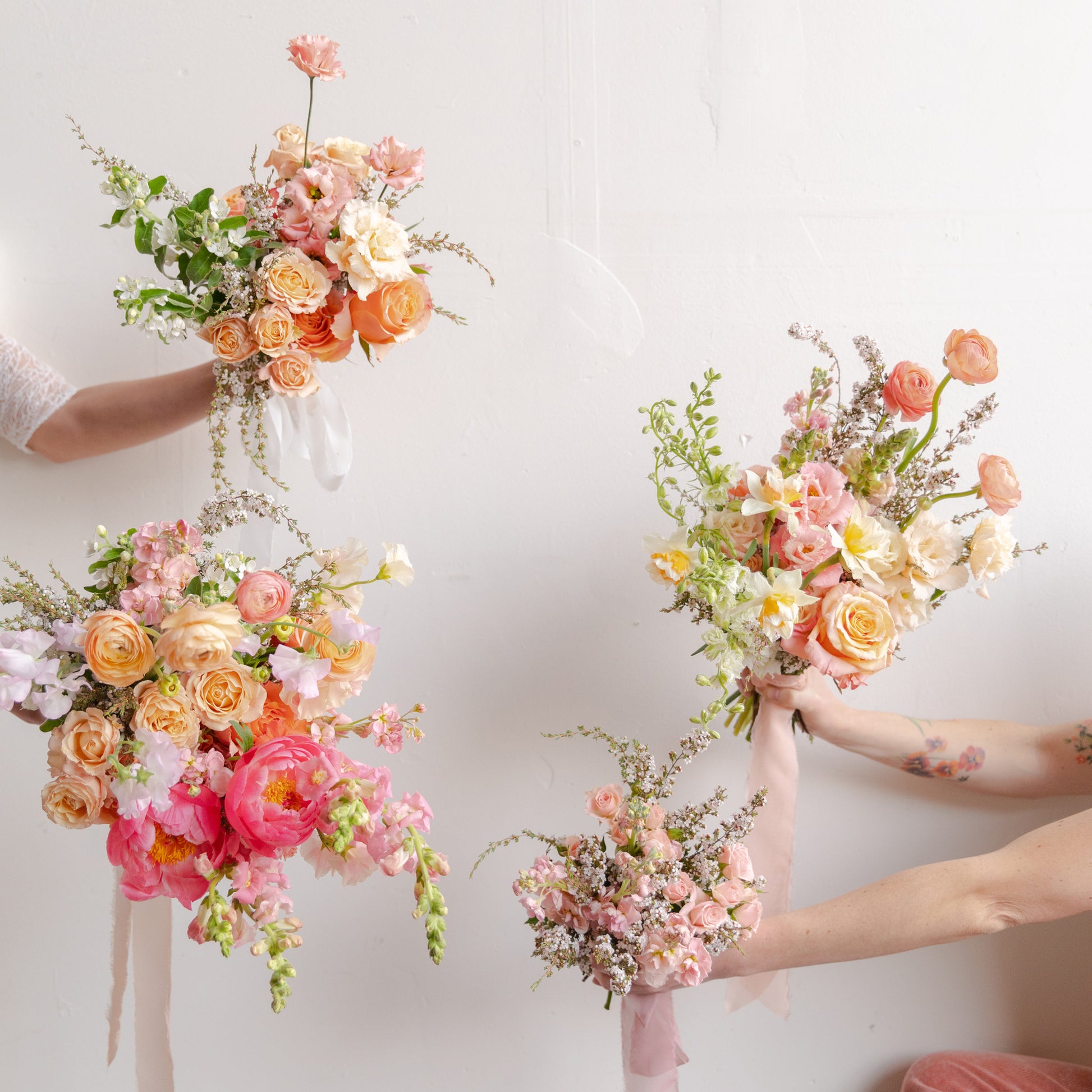 Four sizes of bridal bouquets from Native Poppy in San Diego