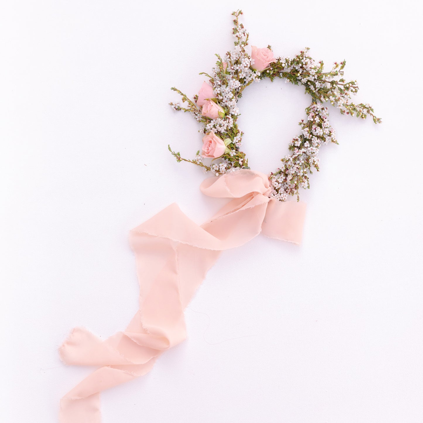 Child sized flower crown with pink chiffon ribbon